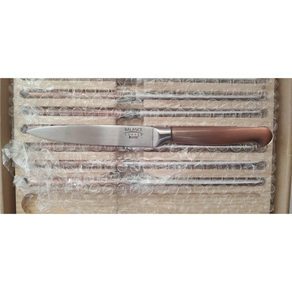 Rare Sabatier Copper Balance Steak Knife Set in Wood Storage Tray, Set of 8 A17